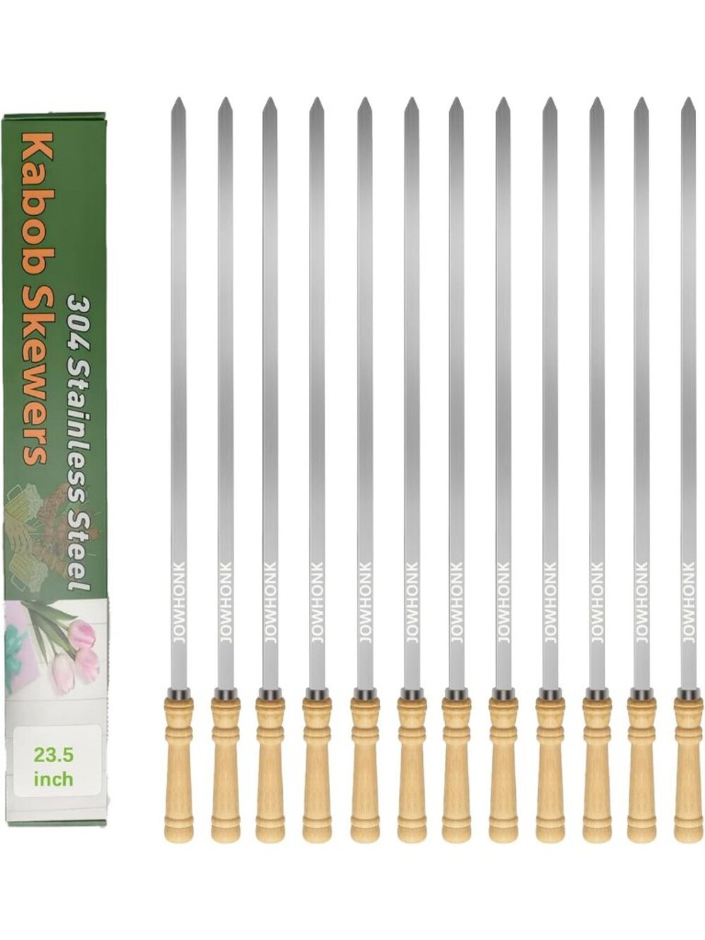 Large 23.5” Stainless Steel BBQ Skewers with Wooden Handle - Heavy-Duty Kabob